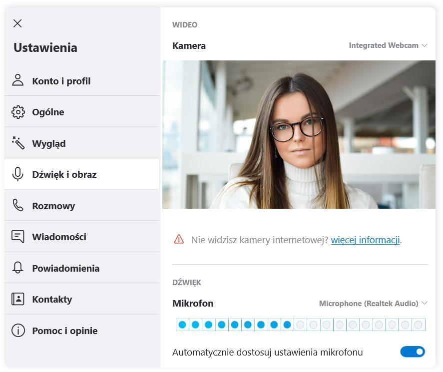 Skype ustawienia kamery i dźwięku